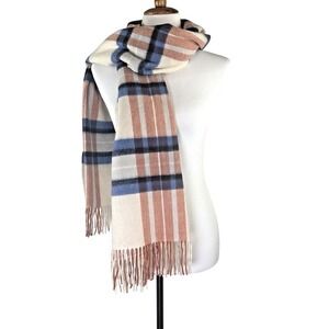 Barbour 100% Lambswool Blue Red Cream Tartan Plaid Rectangle Scarf Unisex